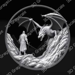 Dragon Encounter Depth Map | Epic Fantasy Confrontation | CNC & Laser | Mythical Coin Design - Heightmap Download